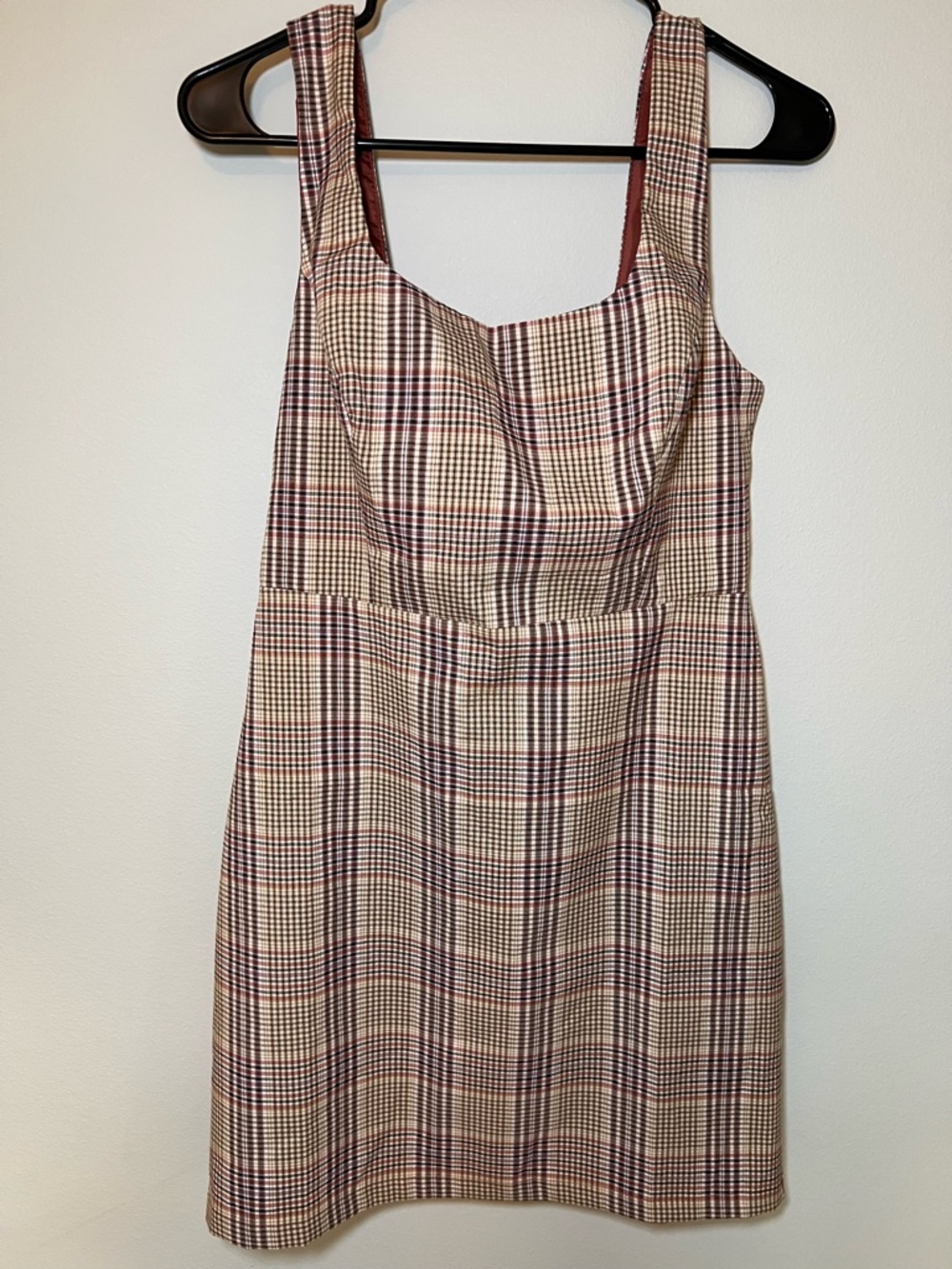 Plaid Square-Neck Mini Dress Brown, Beige, Black, and Cream